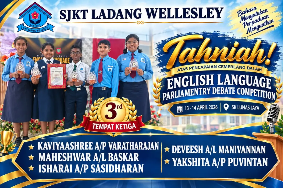 The five-member debate team with their third-place trophies